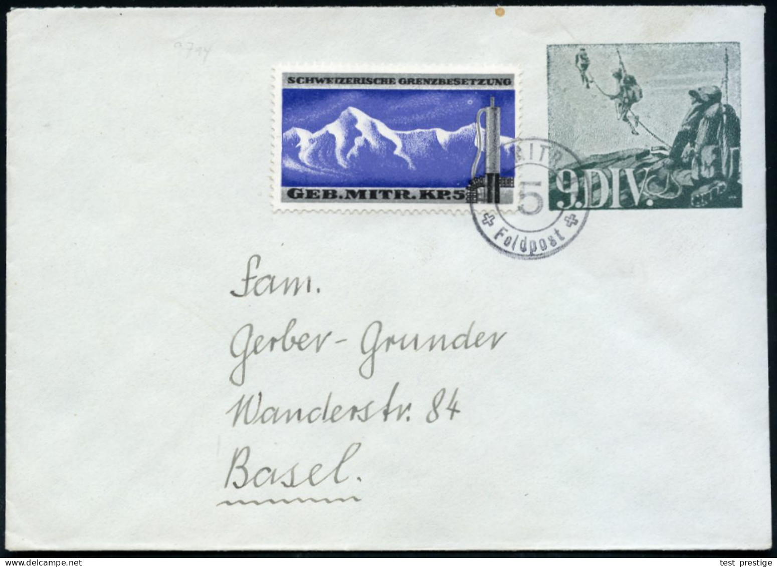 SCHWEIZ 1939 Militär-Ganzsachen-Umschlag: "9. DIV." Grün: Seilschaft-Patrouille Beim Aufstieg + Zusatzfrank. "Geb. Mitr. - Unclassified