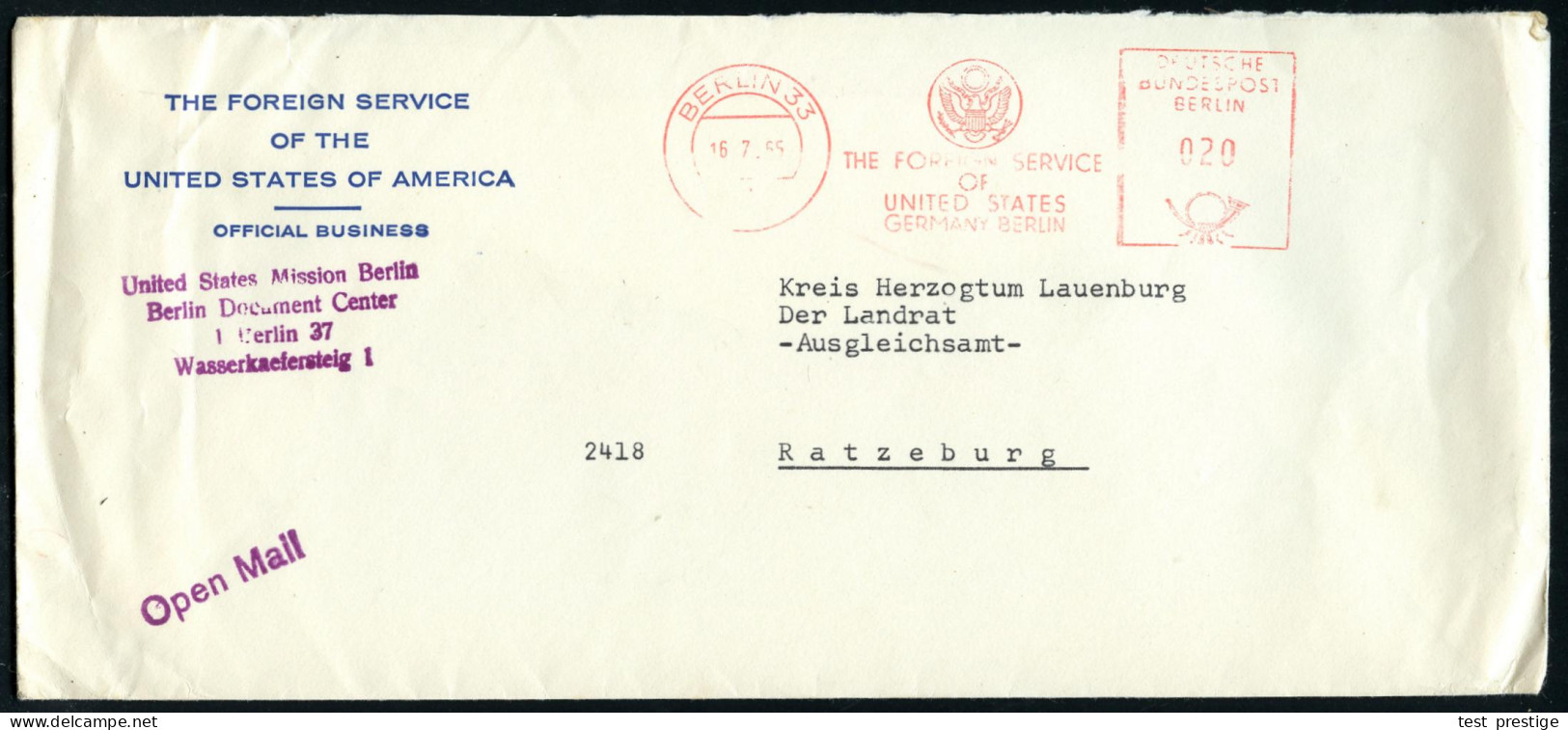 1 BERLIN 33/ THE FOREIGN SERVICE/ OF/ UNITED STATES/ GERMANY BERLIN 1965 (16.7.) AFS = US-Wappen (gering Mittig Undeutl. - Other & Unclassified