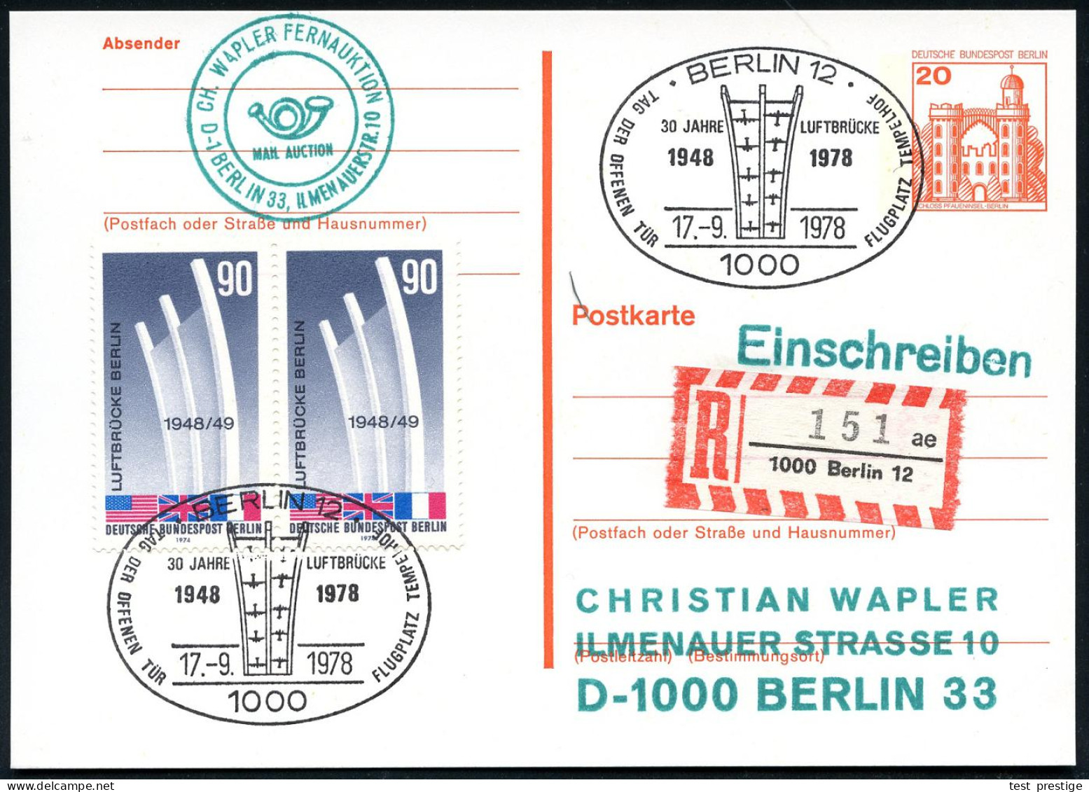 1000 BERLIN 12/ 30 JAHRE LUFTBRÜCKE.. 1978 (17.9.) SSt = Luftbrücken-Denkmal Auf Motiv-ähnl. Paar 90 Pf. Luftbrücken-Den - Other & Unclassified