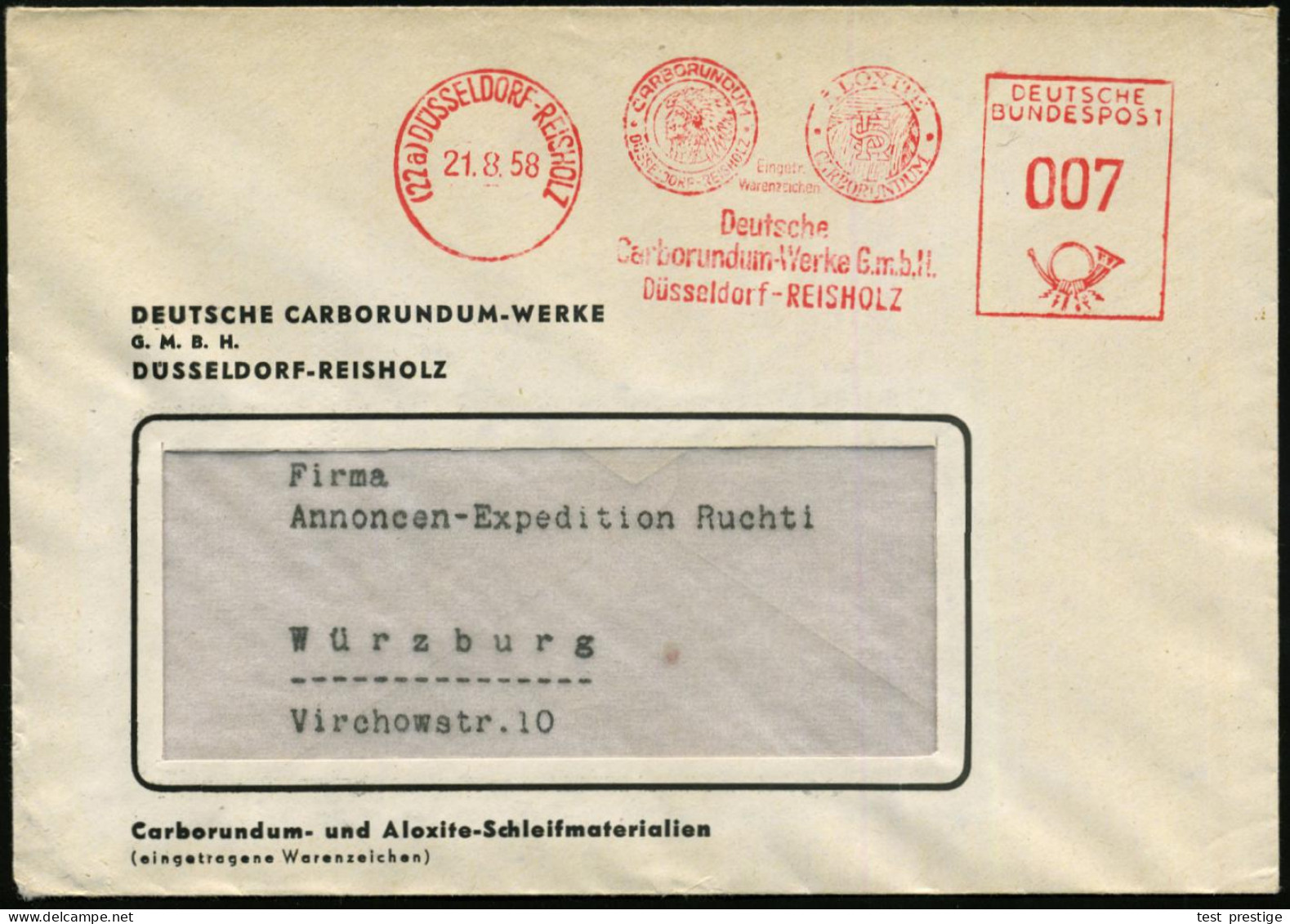 (22a) DÜSSELDORF-REISHOLZ 1/ ..Deutsche/ Carborundum-Werke.. 1958 (21.8.) AFS = Kopf Eines Indianer-Häuptlings (mit Fede - Other & Unclassified