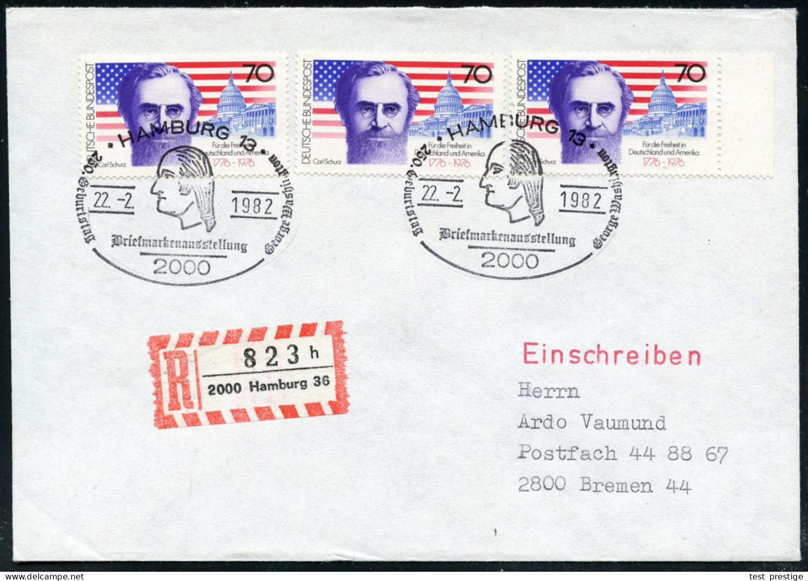2000 HAMBURG 13/ 250.Geburtstag George Washington 1982 (22.2.) SSt = Kopfbild G. Washington 2x Auf 3x 70 Pf. Carl Schurz - Otros & Sin Clasificación