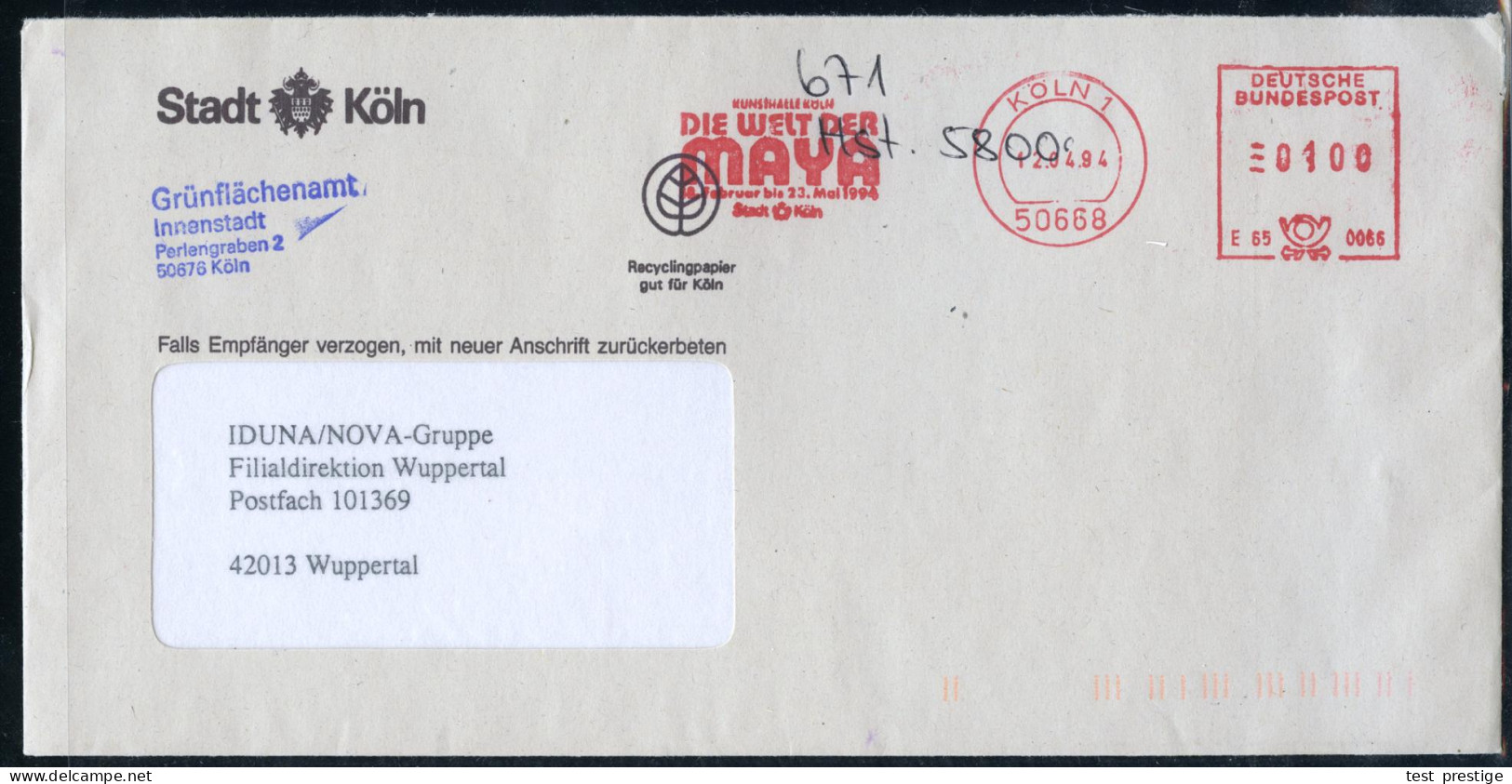 50668 KÖLN 1/ E65 0066/ KUNSTHALLE../ DIE WELT DER/ MAYA.. 1994 (12.4.) Seltener AFS Klar Auf Kommunal-Bf  (Dü.E-26E, Nu - Other & Unclassified