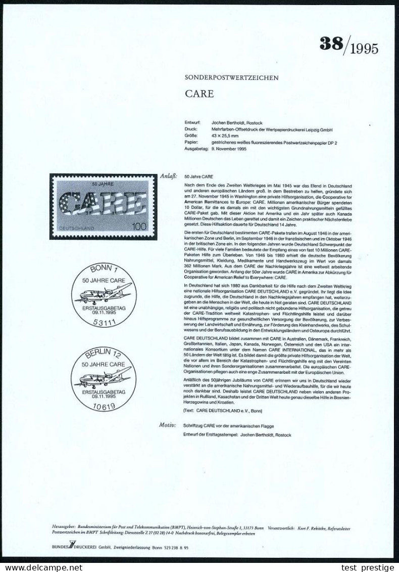 B.R.D. 1995 (Nov.) 100 Pf. "50 Jahre CARE" + Amtl. Handstempel "M U S T E R", , Postfr. + Amtl. Ankündigungsblatt Der Bu - Otros & Sin Clasificación