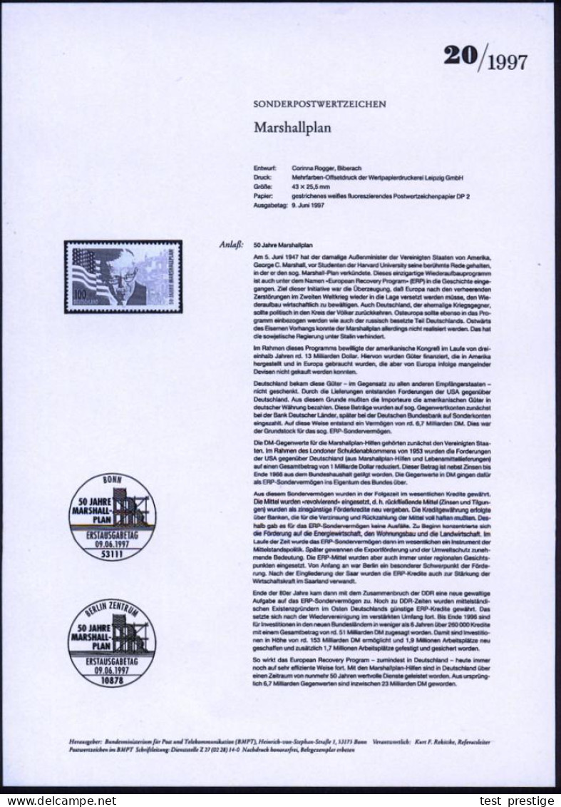 B.R.D. 1997 (Juni) 100 Pf. "50 Jahre Marshallplan" M. Amtl. Handstempel "M U S T E R", Postfr. + Amtl. Ankündigungsblatt - Sonstige & Ohne Zuordnung