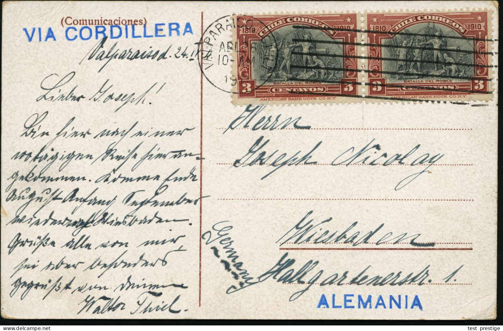 CHILE 1911 (26.4.) 3 C. "Schlacht Von Roble" = 100 Jahre Unabhängigkeit, Reine MeF: Paar (MaSt.: VALPARAISO) + Blauer Le - Other & Unclassified