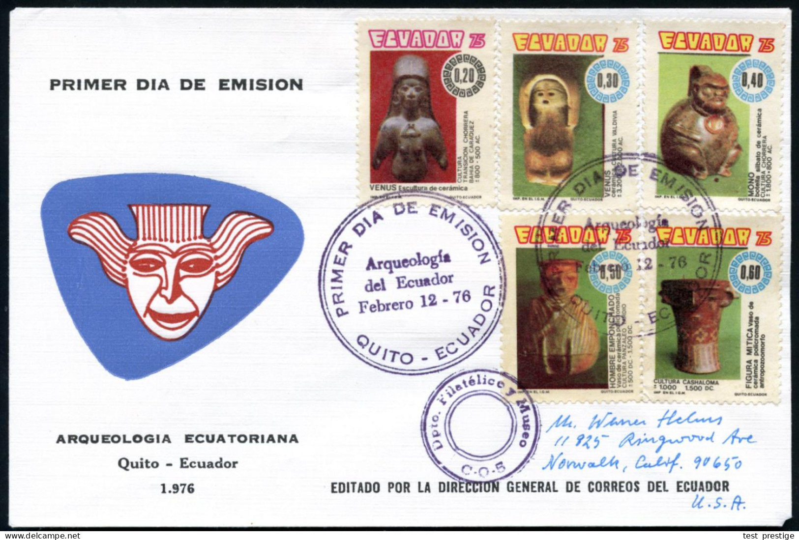 ECUADOR 1976 (12.2.) Archäolog. Museum Der Zentralbank, Kompl.Satz Mit Luftpost-Marken, (Keramik)-Fundstücke 800 V. Chr. - Sonstige & Ohne Zuordnung