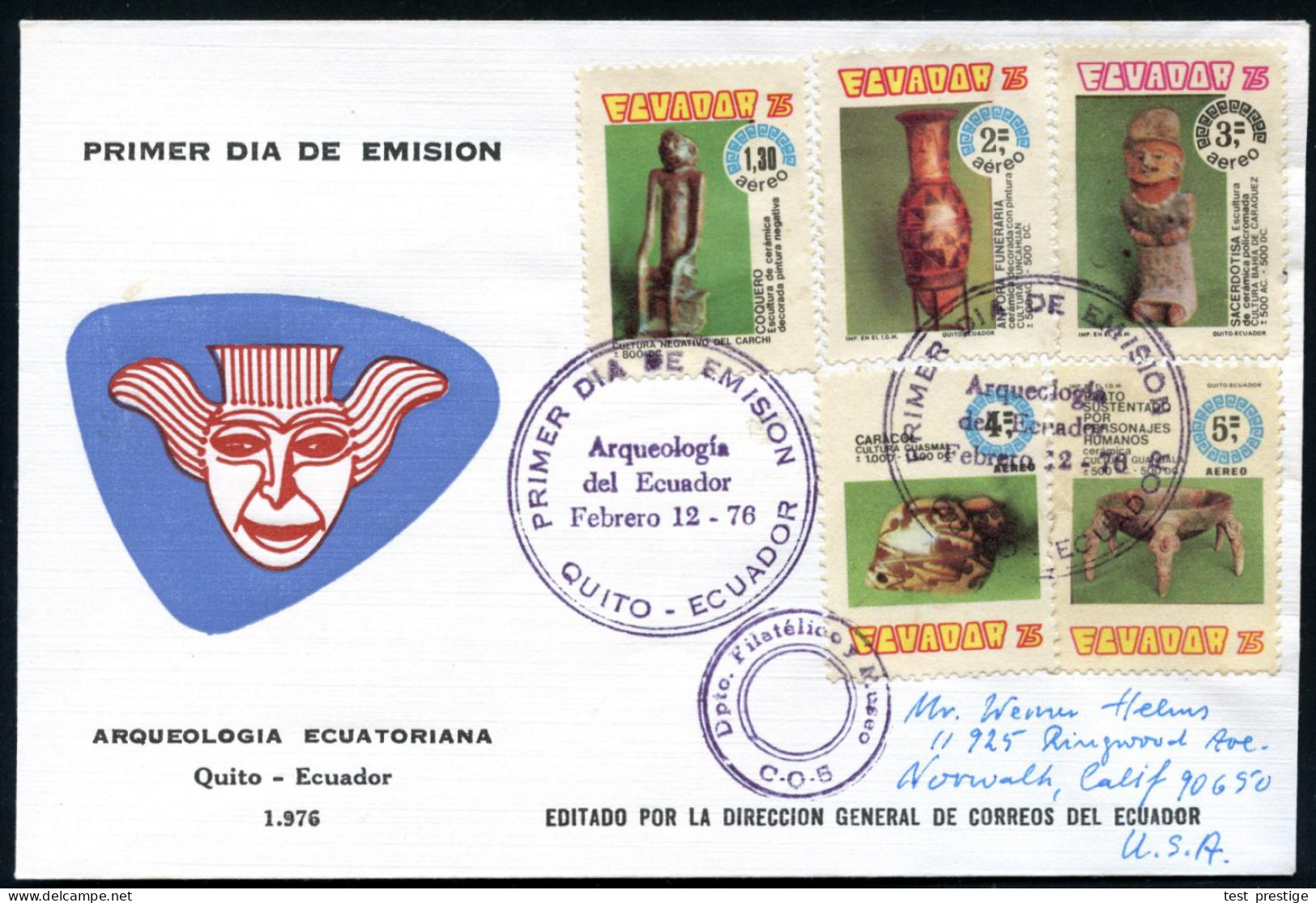 ECUADOR 1976 (12.2.) Archäolog. Museum Der Zentralbank, Kompl.Satz Mit Luftpost-Marken, (Keramik)-Fundstücke 800 V. Chr. - Andere & Zonder Classificatie