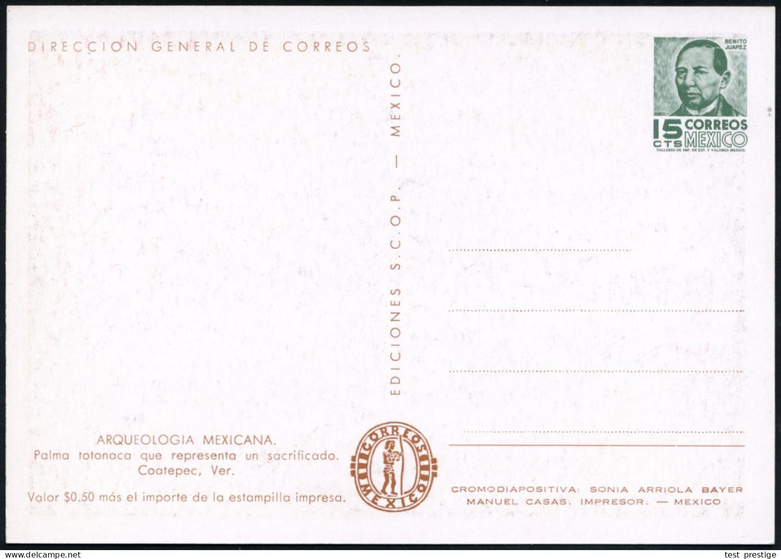 MEXICO 1952 15 C. BiP Juarez, Grün: Palma Totonaco.. = Coatapec-Heiligtum (Skulptur) Ungebr. (HG.P 148) - AMERIKANISCHE  - Sonstige & Ohne Zuordnung