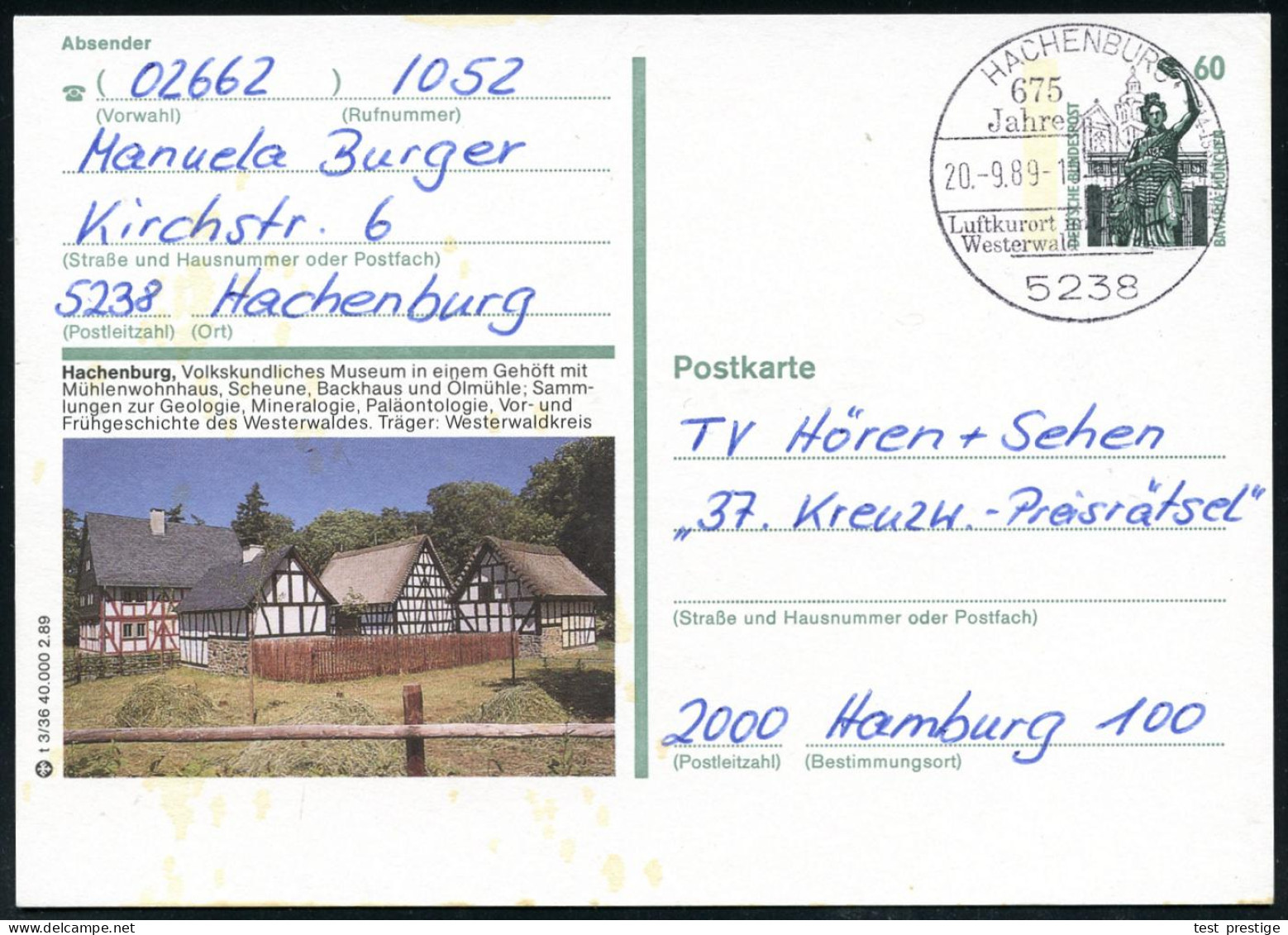 Hachenburg 1989 60 Pf. BiP "Bavaria", Grün: Hachenburg, Volkskundl. Museum.. Paläontologie, Vor- U. Frühgeschichte + Ort - Préhistoire
