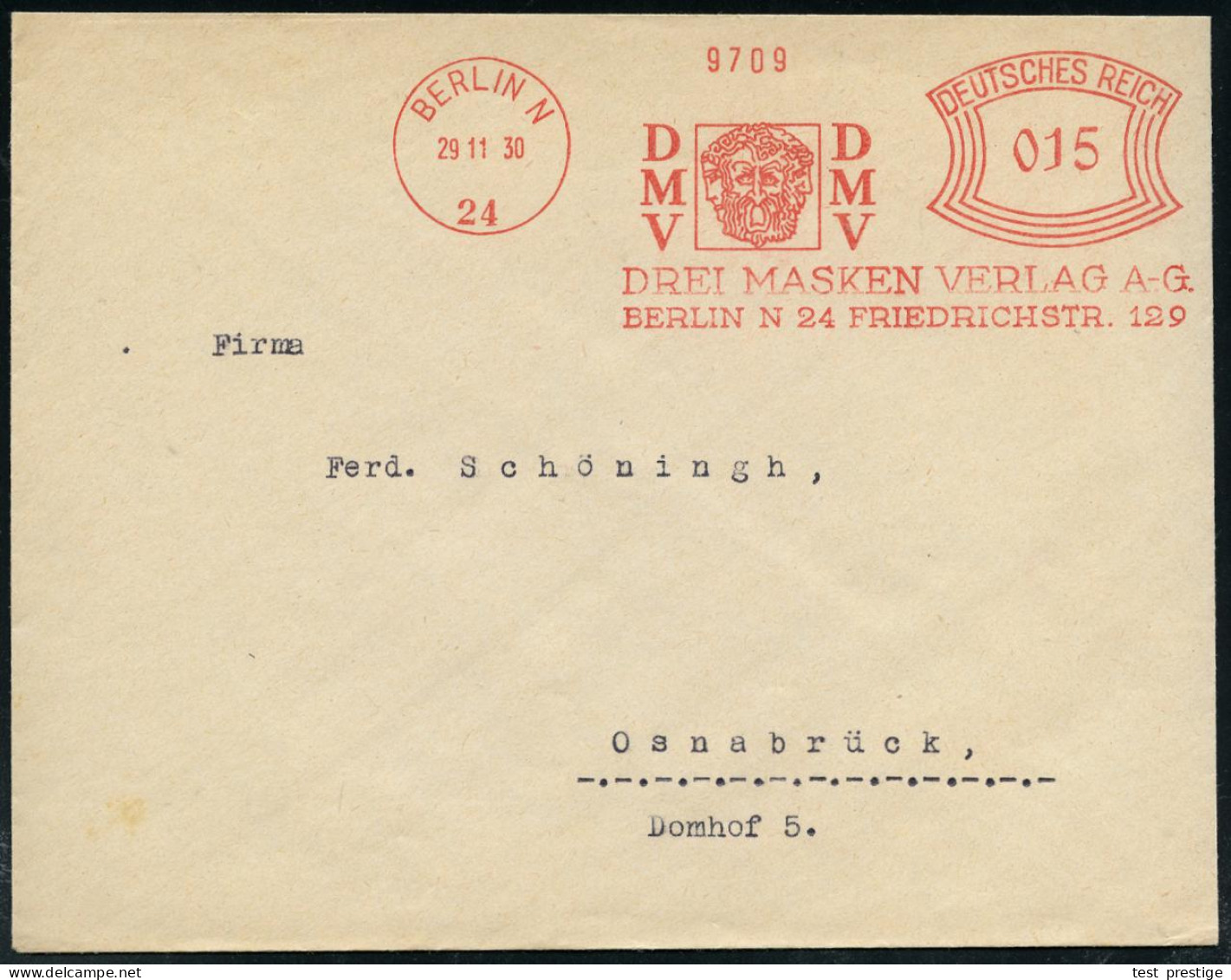 BERLIN N/ 24/ DMV/ DREI MASKEN VERLAG AG. 1930 (29.11.) Dekorativer AFS Francotyp "Bogenrechteck" = 3 Antike, Griechisch - Archaeology