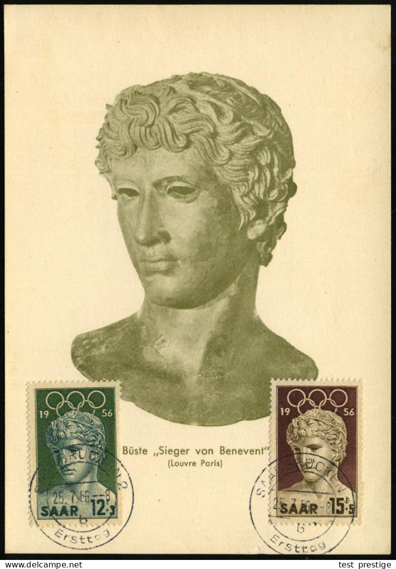 SAARLAND 1956 (25.7.) Olympiade, Kompl. Satz = Büste "Sieger Von Benevent" (Louvre) 2x ET-SSt.: SAARBRÜCKEN 2/b/Ersttag  - Arqueología
