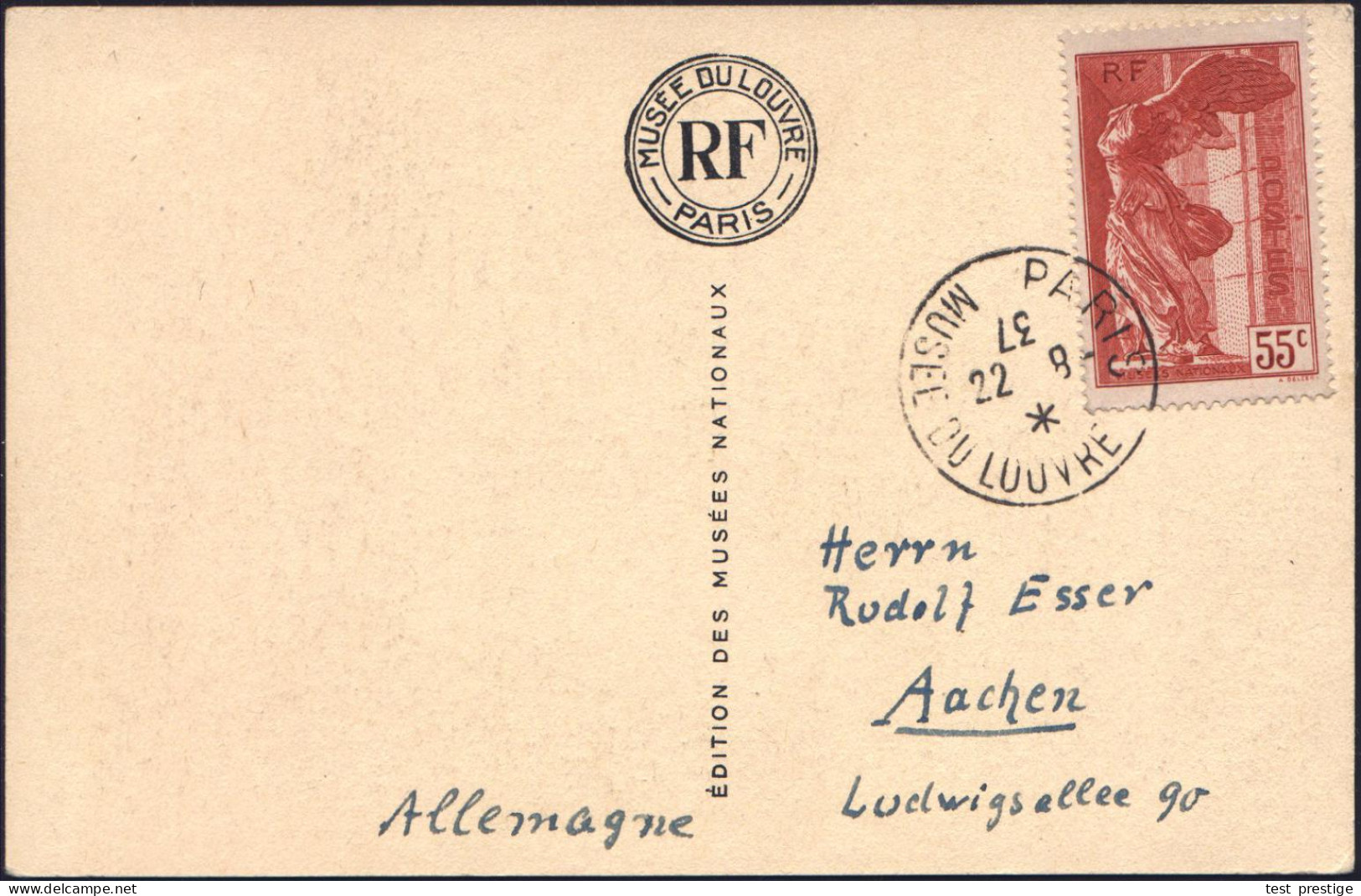 FRANKREICH 1937 (22.8.) 30 C. U. 55 C. Nike Von Samothrake = Kompl. Satz , 2 Dekorative, Motivgl. Ak., Je 1K: PARIS/MUSE - Archéologie