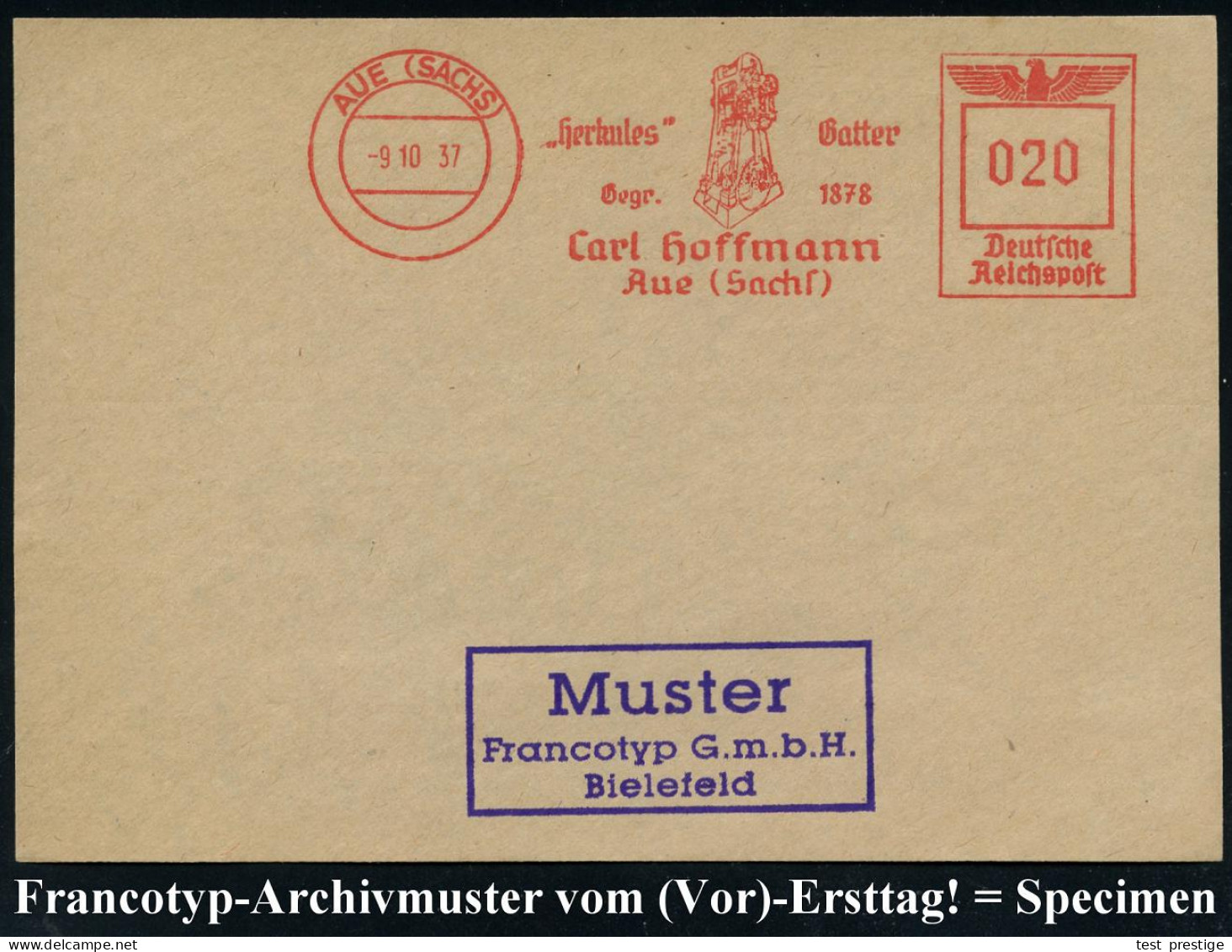 AUE (SACHS)/ "Herkules" Gatter/ Gegr.1878/ Carl Hoffmann.. 1937 (9.10.) AFS Francotyp Musterabdruck "Reichsadler" (Abb.: - Mythologie