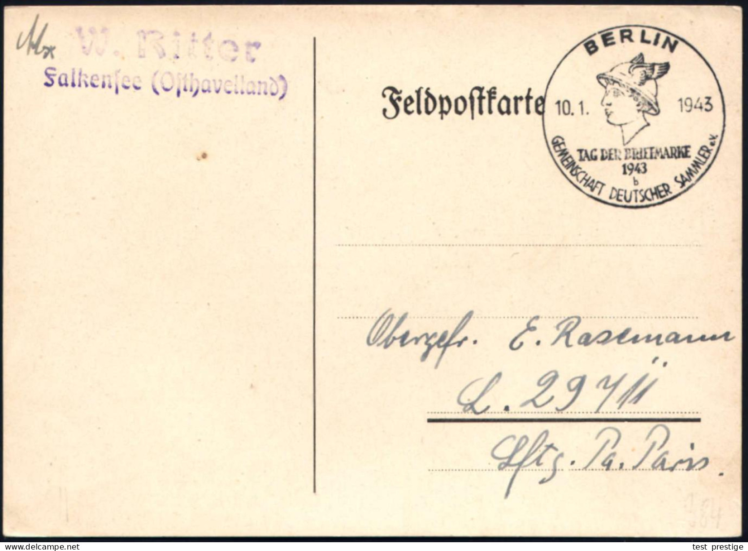 BERLIN/ TAG DER BRIEFMARKE/ B/ GDS 1943 (10.1.) SSt = Merkurkopf Klar Auf Feldpost-Kt. An Fp.Nr. L. 29711 (= Flak-Abt. 4 - Mythology