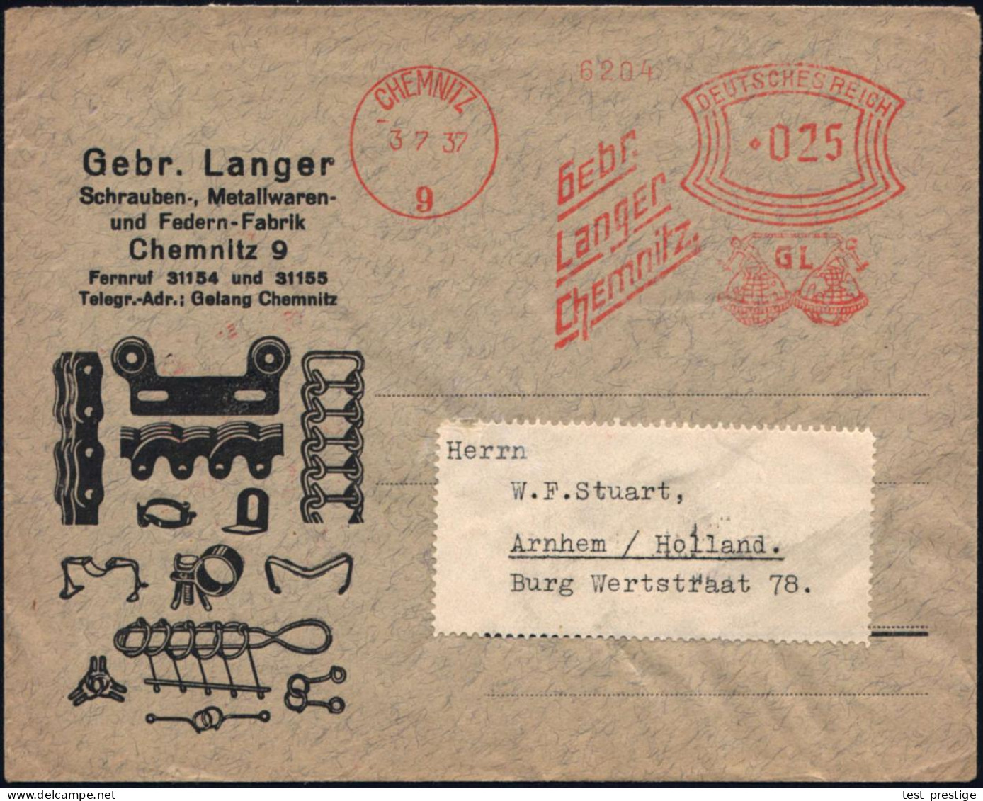 CHEMNITZ/ 9/ Gebr./ Langer 1937 (3.7.) Seltener AFS-Typ Francotyp Mit Gotischen Ziffern 025 Pf. = 2 Kräfte Messende Tita - Mitología