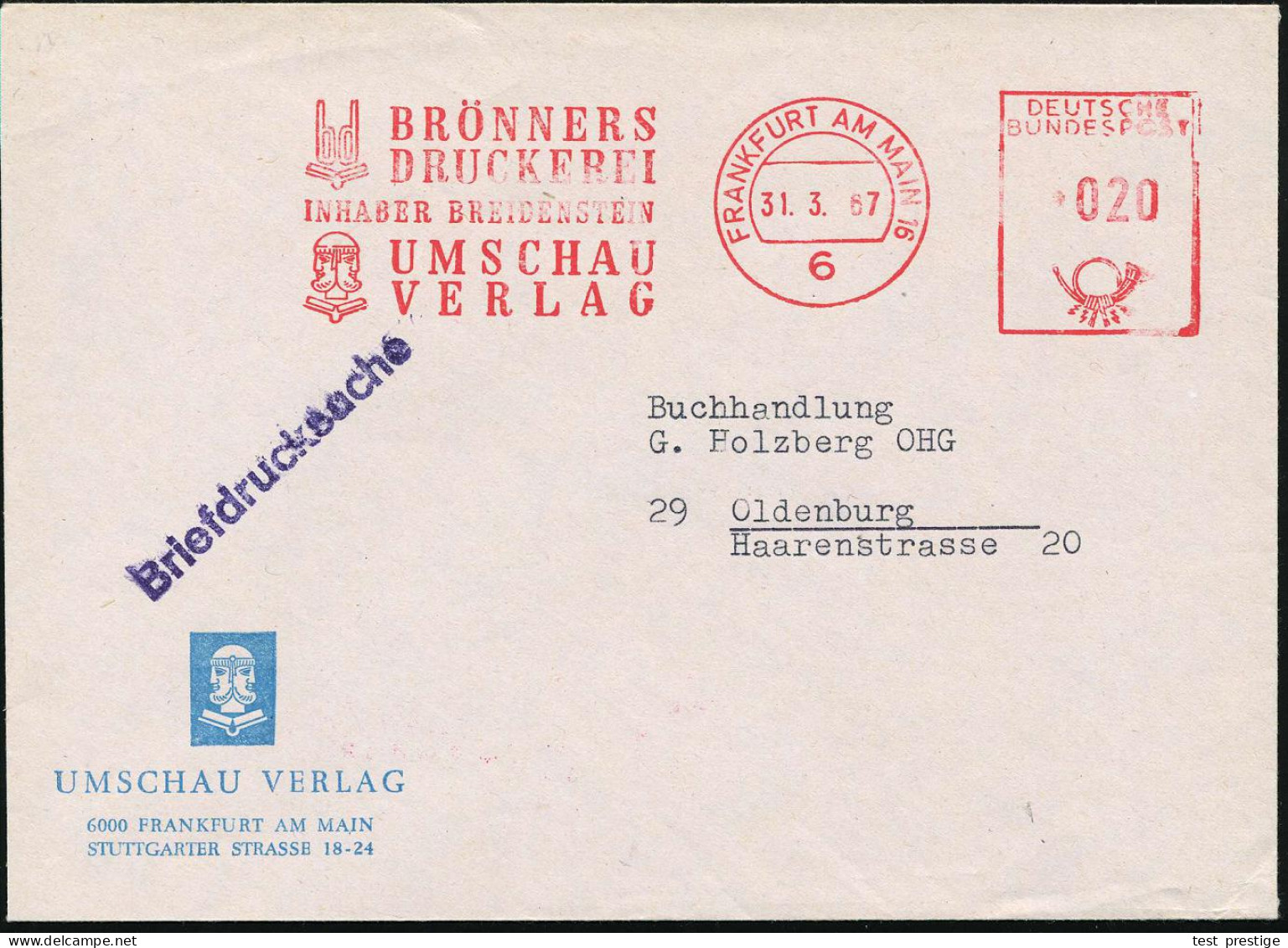 6 FRANKFURT AM MAIN 16/ BRÖNNERS/ DRUCKEREI/ ..UMSCHAU/ VERLAG 1967 (31.3.) AFS = Kopf Des Röm. Gottes Janus (= Anfang U - Mythology