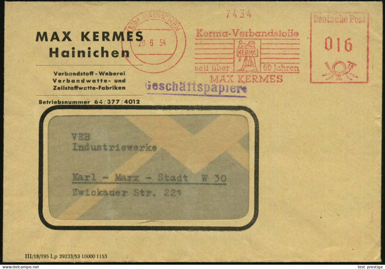 (10b) HAINICHEN/ Kerma-Verbandsstoffe/ Seit über 60 Jahren/ MAX KERMES 1954 (28.6.) Seltener Jubil.-AFS = Rache-Göttin " - Mythologie