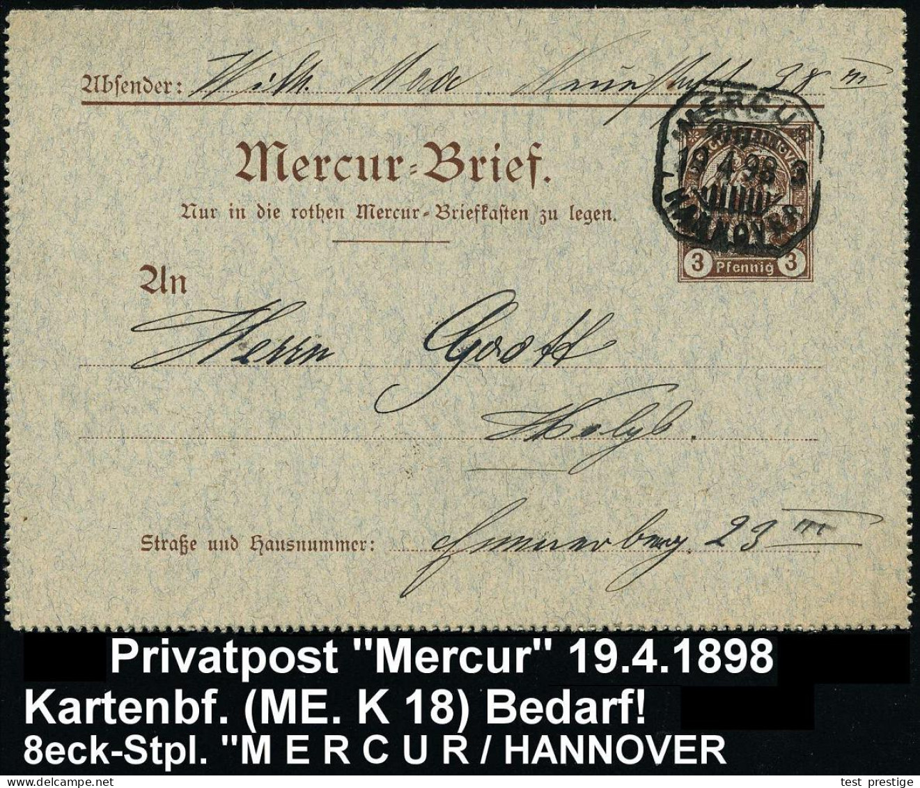 Hannover 1898 (19.4.) Stadtpost "Mercur", Teilgezähnter Karten-Bf. 3 Pf. "Mercur-Brief", Braun (rs. Tarife) , 8eck-Gitte - Mythology