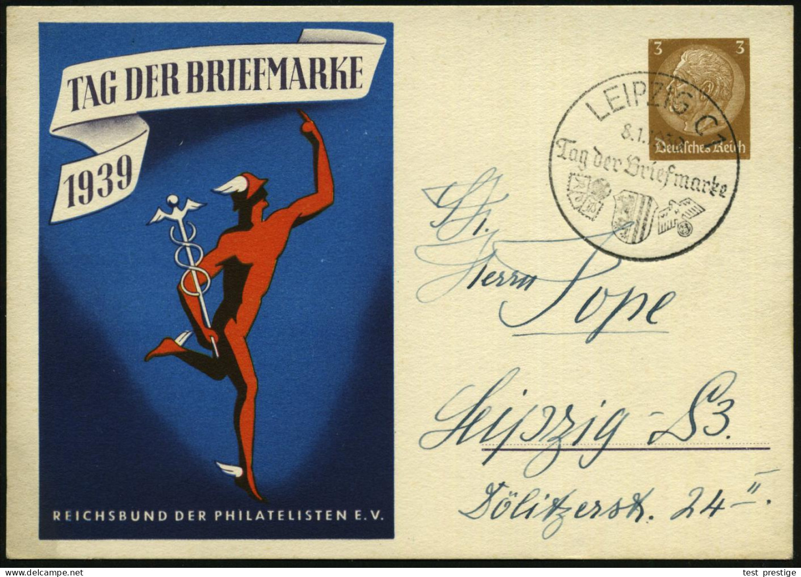 LEIPZIG C1/ Tag Der Briefmarke/ RdPh/ WHW 1939 (8.1.) SSt Auf Sonder-P 3 Pf. Hindenbg. , Braun: Tag Der Briefmarke = Mer - Mythologie