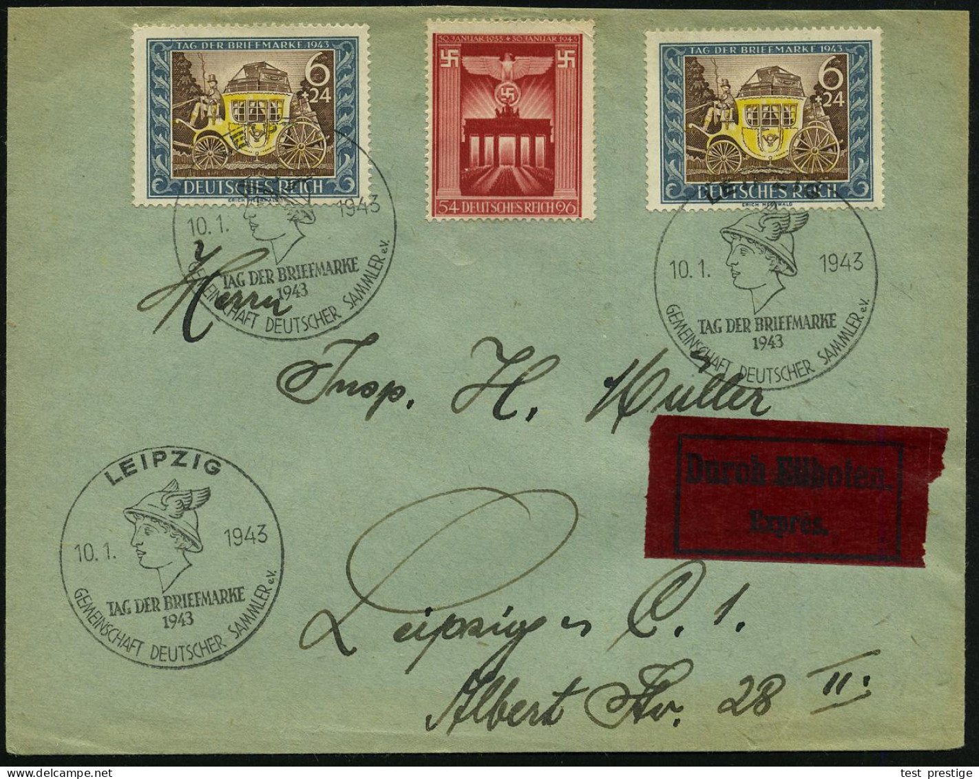 LEIPZIG/ TAG DER BRIEFMARKE 1943 (10.1.) SSt = Merkurkopf 3x Klar Auf 2x 6+24 Pf. Tag Der Briefmarke (Mi.2x 828, 829)  K - Mitología