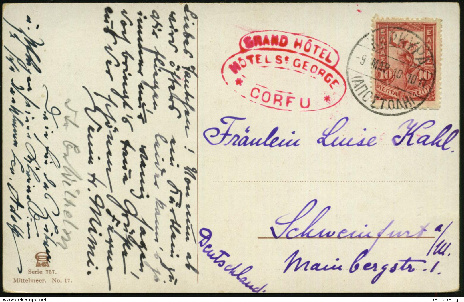 GRIECHENLAND 1910 (9.3.) 10 L. Hermes, Rot, EF , 1K-Steg: KERKYRA + Roter Oval-HdN: GRAND HOTEL..CORFOU, Klar Gest. Ausl - Mythologie
