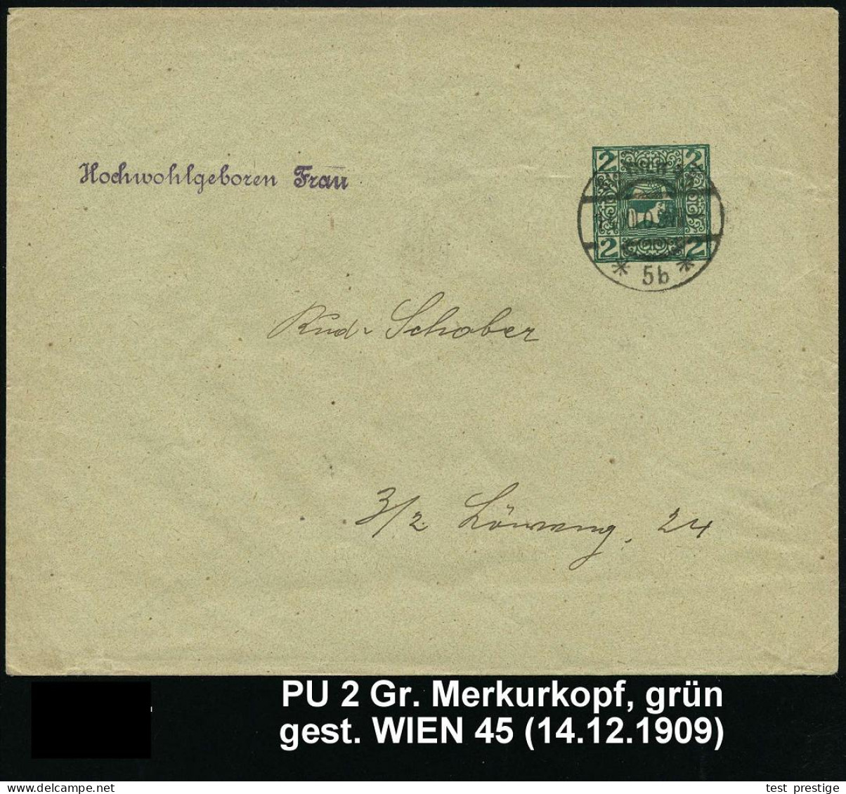 ÖSTERREICH 1909 (14.12.) PU 2 S. Merkurkopf (Jugendstil) , Grün , Klar Gest. (WIEN 45) Orts-Bf. (SB.PU 58) - GRIECHISCHE - Mythologie