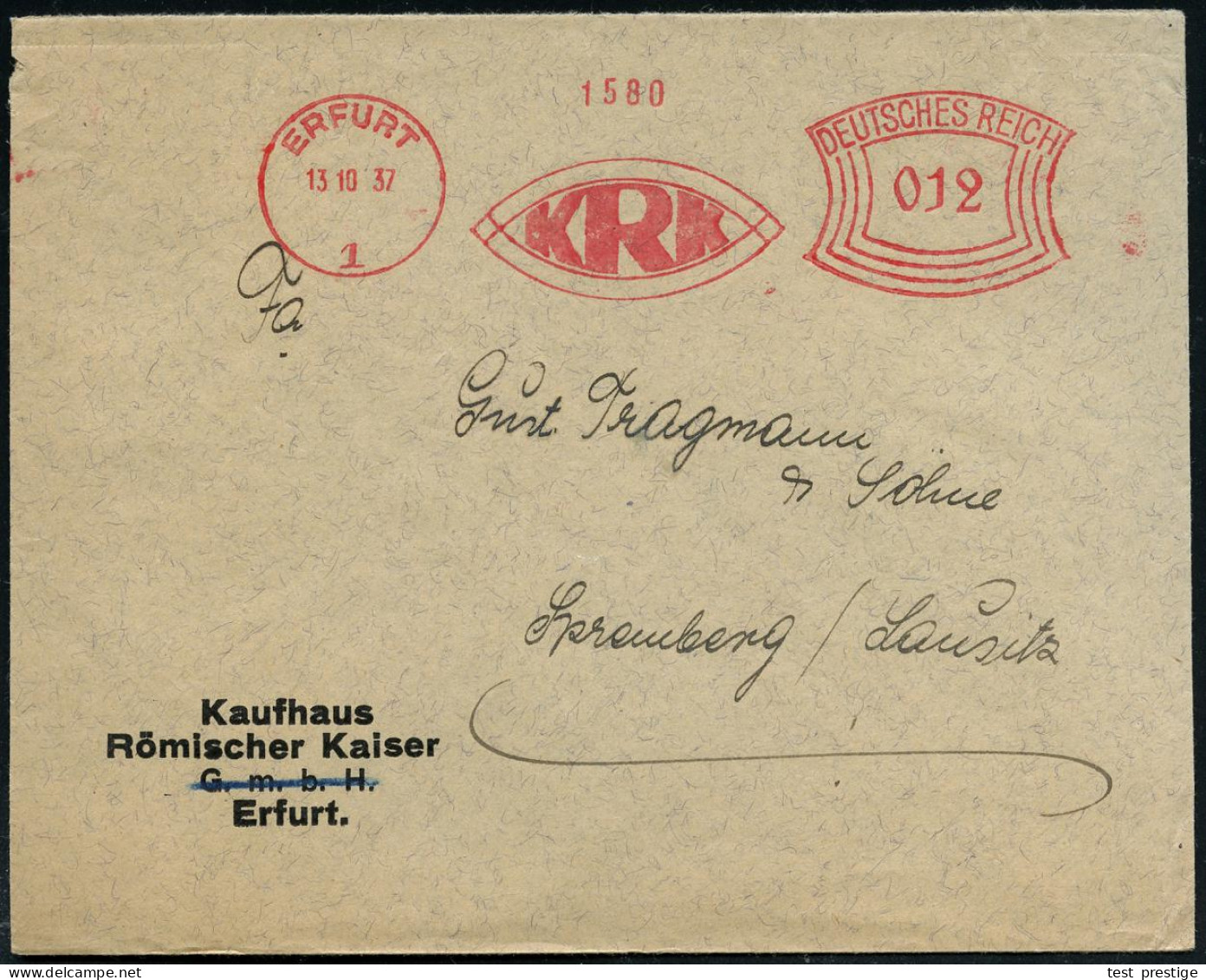 ERFURT/ 1/  K R K 1937 (13.10.) AFS Francotyp = K(aufhaus) R(ömischer) K(aiser) (Monogramm-Logo) Firmen-Bf.: Kaufhaus Rö - Archäologie