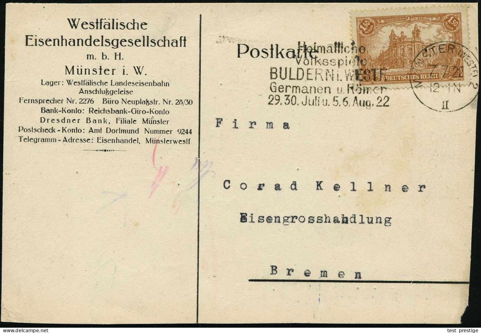 MÜNSTER (WESTF) 2/ II/ Heimatl./ Volksspiele/ BULDERN I.WESTF./ Germanen U.Römer.. 1922 (7.7.) Seltener MWSt Auf Links V - Archäologie