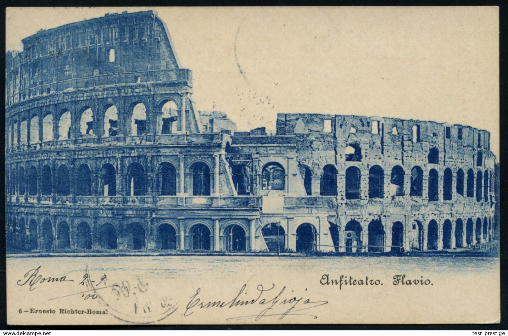 ITALIEN 1900 (2.9.) Monochrome, Blaue Foto-Ak.: Roma - Anfiteatro Flavio = Colosseum Zirkus-Arena + Vs. Motivgleiche Vig - Arqueología