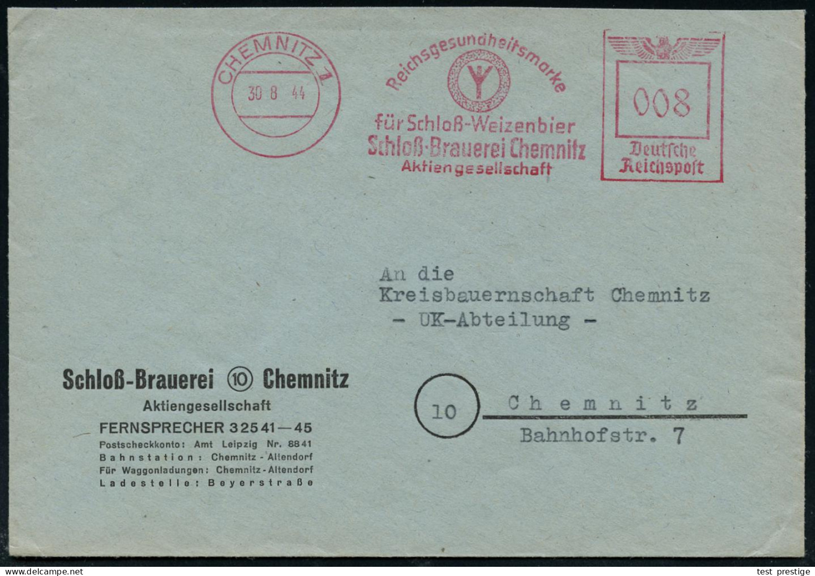 CHEMNITZ 1/ Reichsgesundheitsmarke/ Für Schloss-Weizenbier/ Schloß-Brauerei.. 1944 (30.8.) Seltener AFS Francotyp = Germ - Archäologie