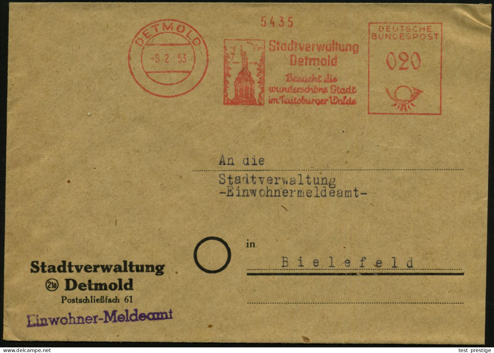 DETMOLD/ Stadtverwaltung/ Detmold.. 1953 (Feb.) AFS Ohne PLZ = Hermanns-Denkmal Zur Varus-Schlacht (9 N. Chr.) Klar Gest - Archäologie