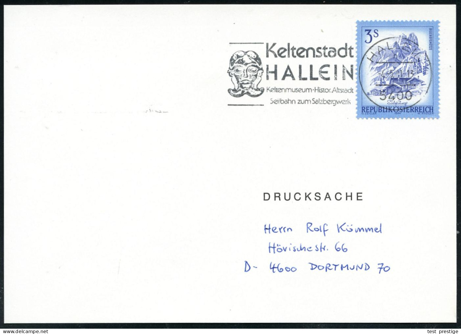 ÖSTERREICH 1981 (4.5.) MWSt: 5400 HALLEIN/n/Keltenstadt/HALLEIN/Keltenmuseum../Salzbergwerk (= Keltische Maske) Ausl.-Ka - Archéologie