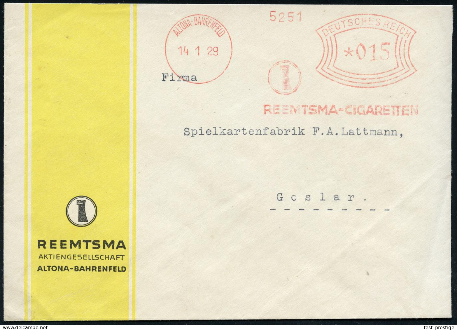 ALTONA-BAHRENFELD/ REEMTSMA-CIGARETTEN 1929 (14.1.) AFS Francotyp "Bogenrechteck" = Drachenbug Eines Wikingerschiffes (F - Altri & Non Classificati