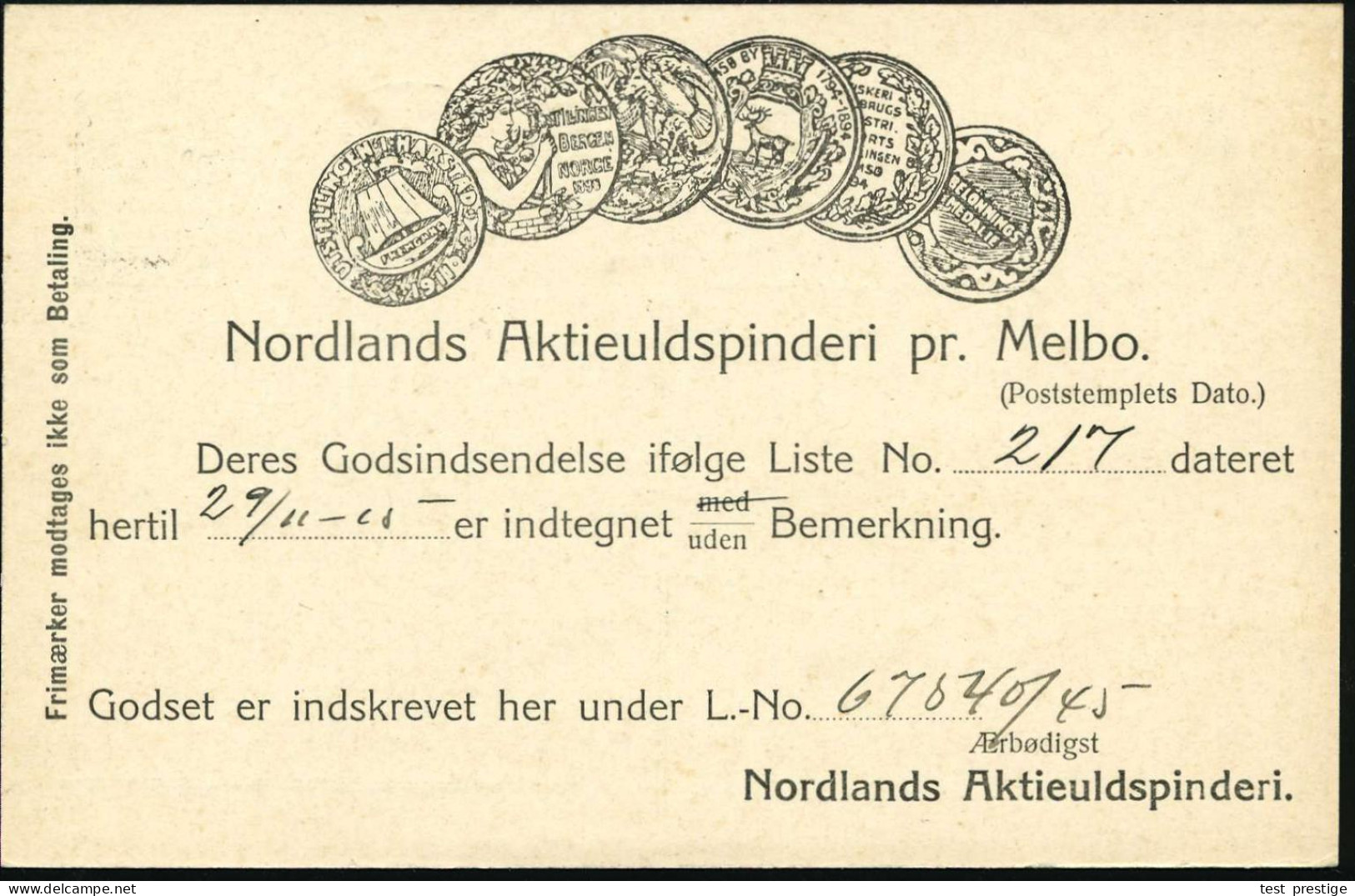 NORWEGEN 1915 (Okt.) Reklame-PP 5 Ö. Posthorn, Grün: Nordlands Aktieuldspinederi Pr. Melbo.. (div. Medaillen Im Halbkrei - Sonstige & Ohne Zuordnung