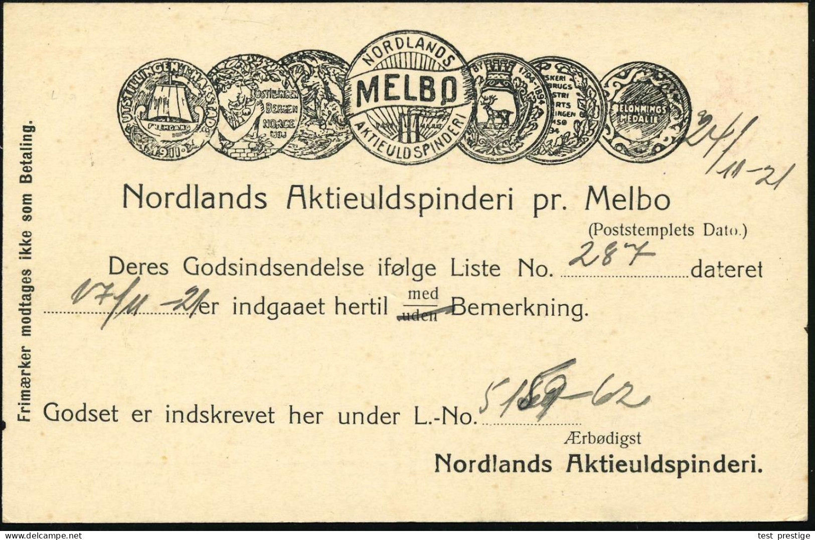 NORWEGEN 1921 (Nov.) Reklame-PP 10 Ö. Posthorn, Rot : NORDLANDS/MELBO/AKTIEULDSPINDERI.. + Zudruck: MELBO/ (5 Medaillen  - Sonstige & Ohne Zuordnung