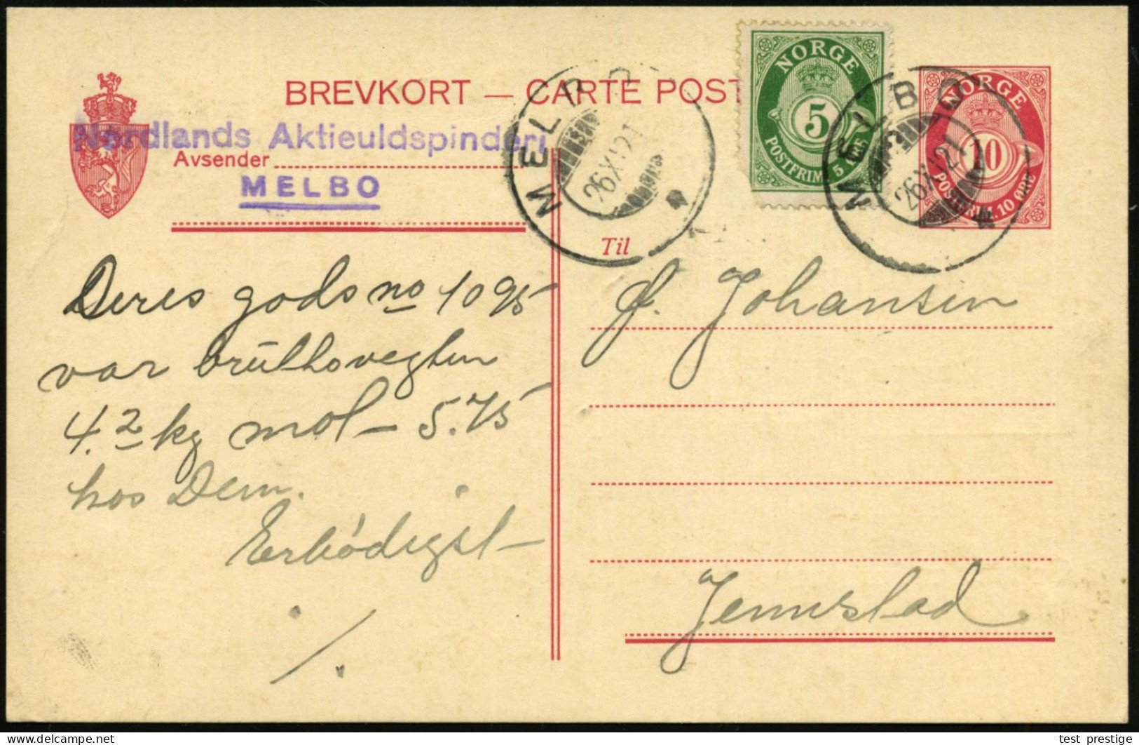 NORWEGEN 1921 (Nov.) Reklame-PP 10 Ö. Posthorn, Rot : NORDLANDS/MELBO/AKTIEULDSPINDERI.. + Zudruck: MELBO/ (5 Medaillen  - Autres & Non Classés