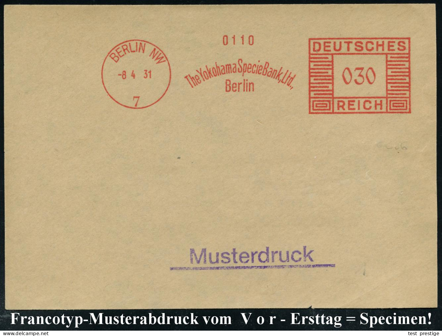 BERLIN NW/ 7/ The Yokohama Specie Bank,Ltd. 1931 (8.4.) AFS Francotyp "Mäanderrechteck" , Glasklar Gest. Francotyp-Muste - Autres & Non Classés
