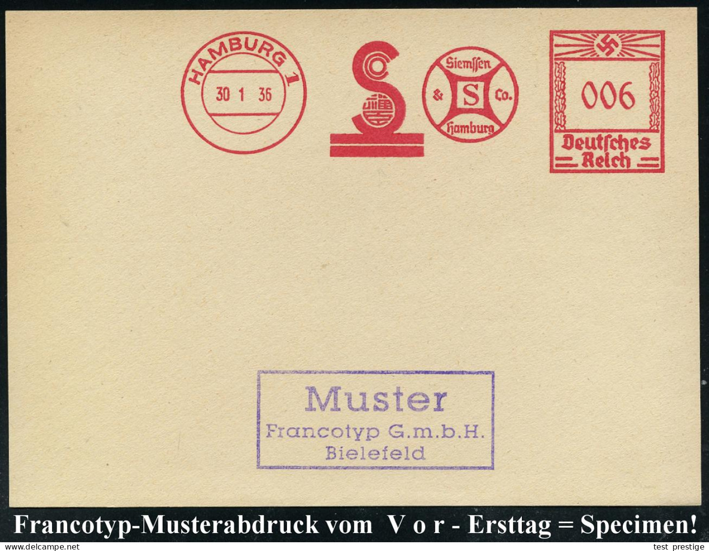 HAMBURG 1/ S/ Siemssen/ & Co. 1936 AFS Francotyp "Hakenkreuz" (Monogr."S", Chines. Schriftzeichen) Glasklar Gest. Franco - Sonstige & Ohne Zuordnung