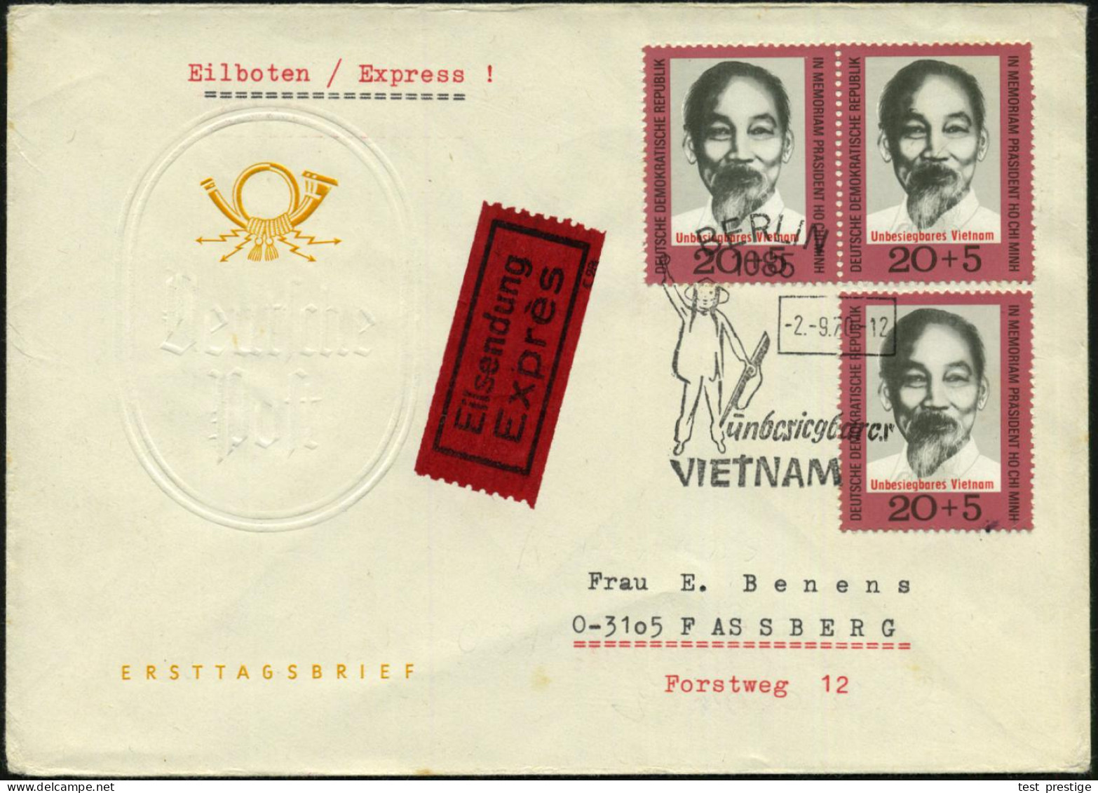 D.D.R. 1970 (2.9.) 20 + 5 Pf. "1. Todestag Ho Chi Minh", Reine MeF: Paar + Einzelstück + ET-SSt.: 1085 BERLIN/ Unbesiegb - Other & Unclassified