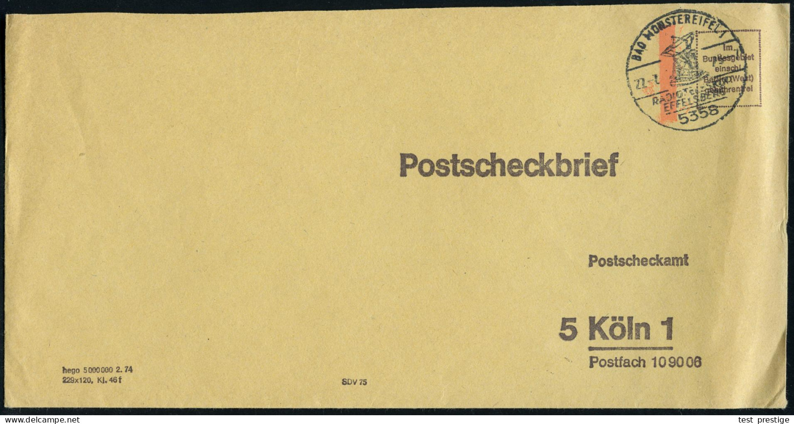 5358 BAD MÜNSTEREIFEL 1/ RADIOTELESKOP/ EFFELSBERG 1975 (27.7.) HWSt Auf Gelbem Postscheck-Innendienst-Bf. (PSch-Amt Köl - Astronomy