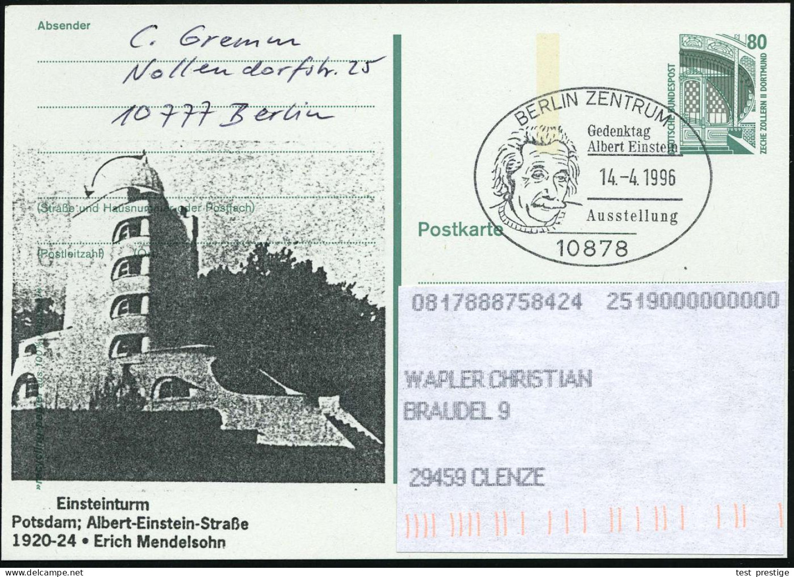 10878 BERLIN-ZENTRUM/ Gedenktag/ Albert Einstein/ Ausstellung 1996 (14.4.) SSt = Kopfbild Einstein Auf Amtl. P 80 Pf. Ze - Astronomie