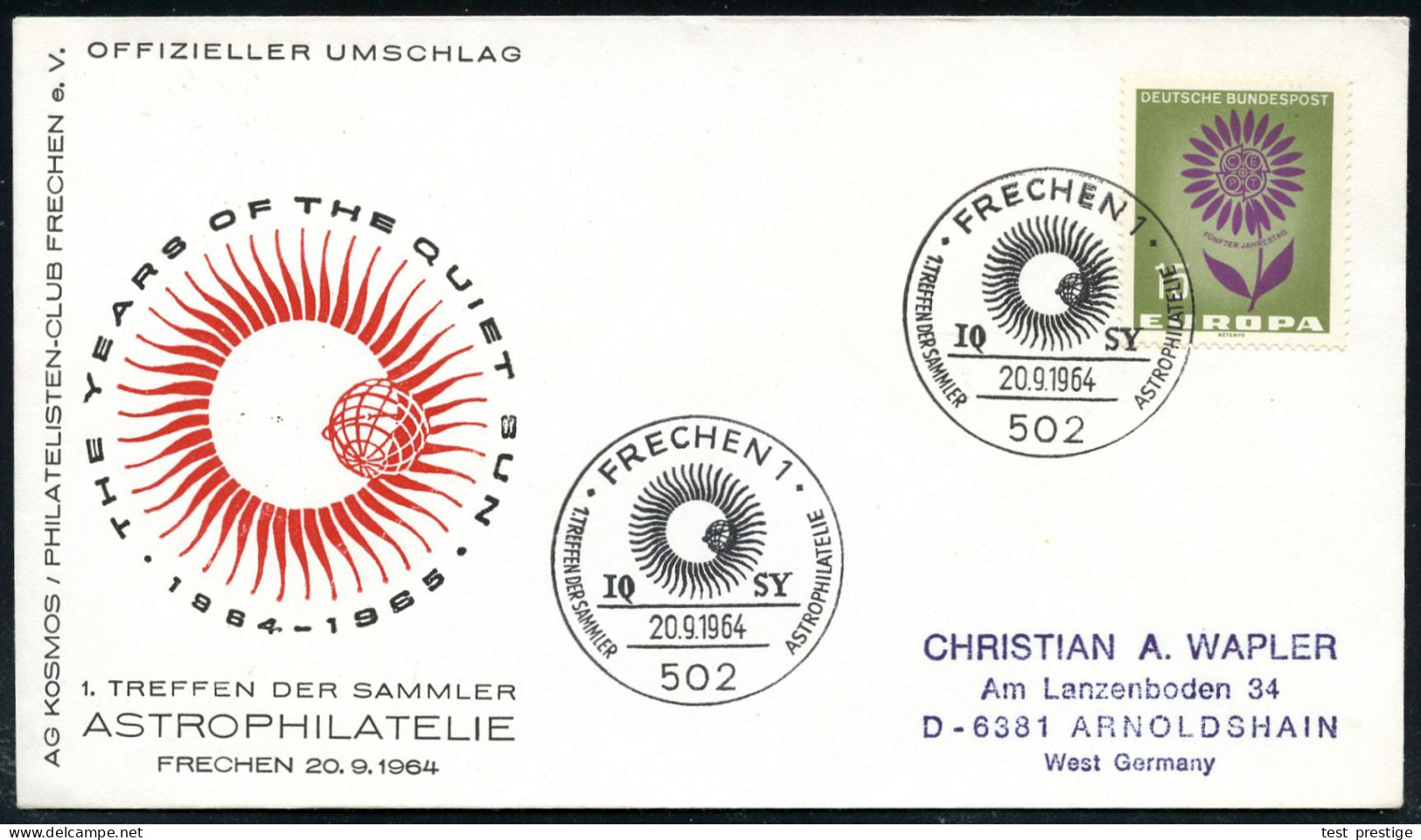 502 FRECHEN/ IQSY/ 1.TREFFEN DER SAMMLER ASTROPHILATELIE 1964 (20.9.) SSt = Globus Vor Sonne Auf Motivgl. SU.: THE YEAR  - Astronomùia