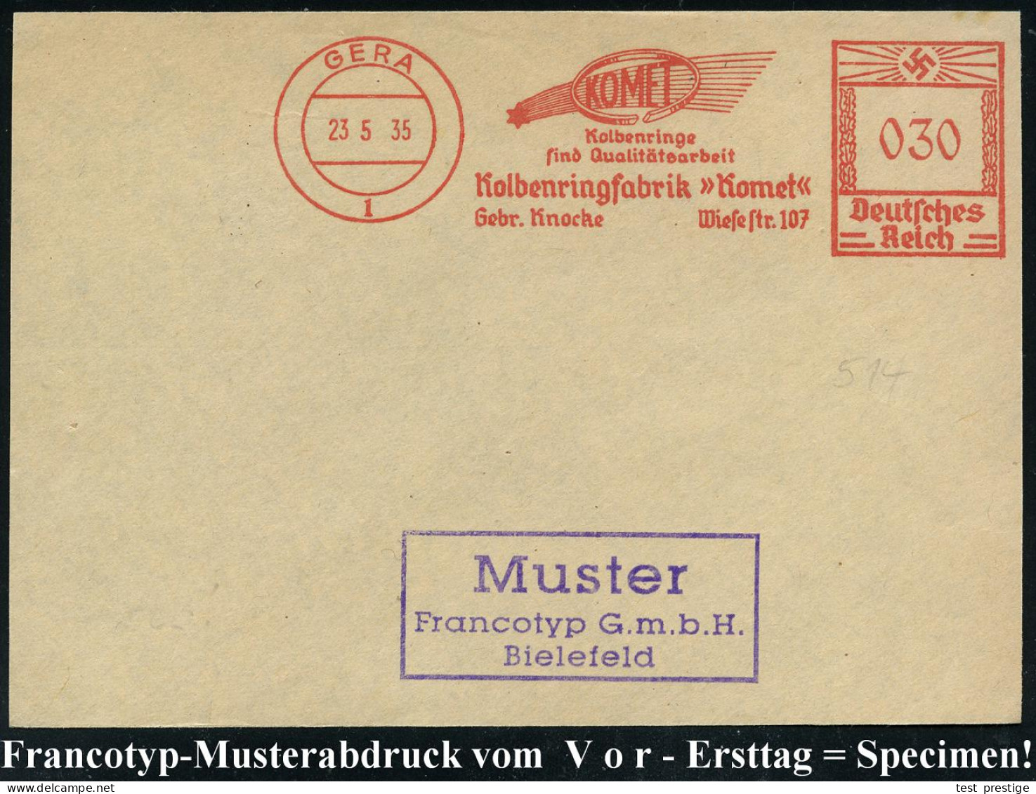 GERA/ 1/ KOMET/ Kolbenringe../ Gebr.Knocke 1935 (23.5.) AFS Francotyp "Hakenkreuz" = Komet (mit Schweif) Glasklar Gest.  - Astronomùia