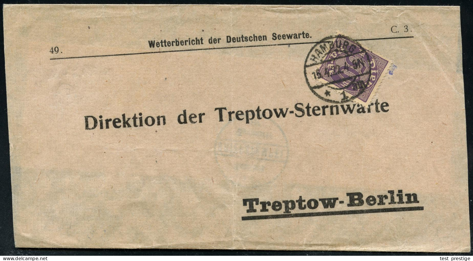 HAMBURG/ * 1 Am 1922 (15.4.) 1K-Brücke Auf EF 50 Pf. Dienst , Klar Gest. Antwort-Zeitungs-Streifband: Wetterbericht Der  - Astronomy