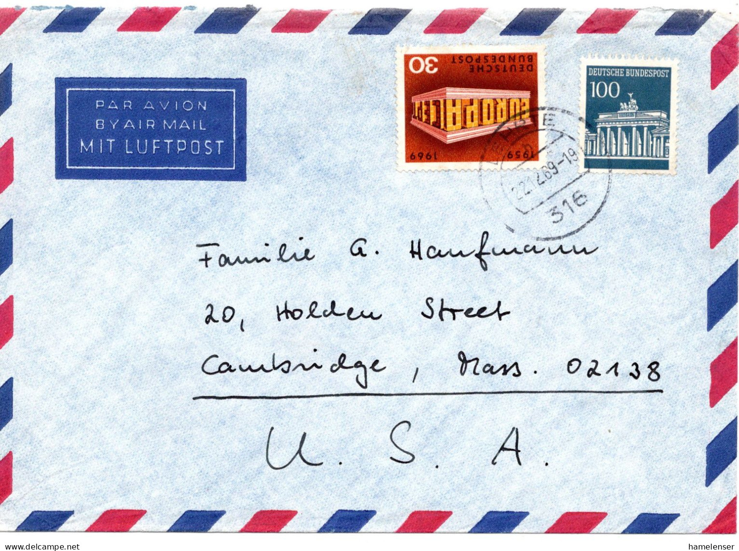 69750 - Bund - 1969 - 100Pfg Brandenburger Tor MiF A LpBf LEHRTE -> Cambridge, MA (USA) - Covers & Documents