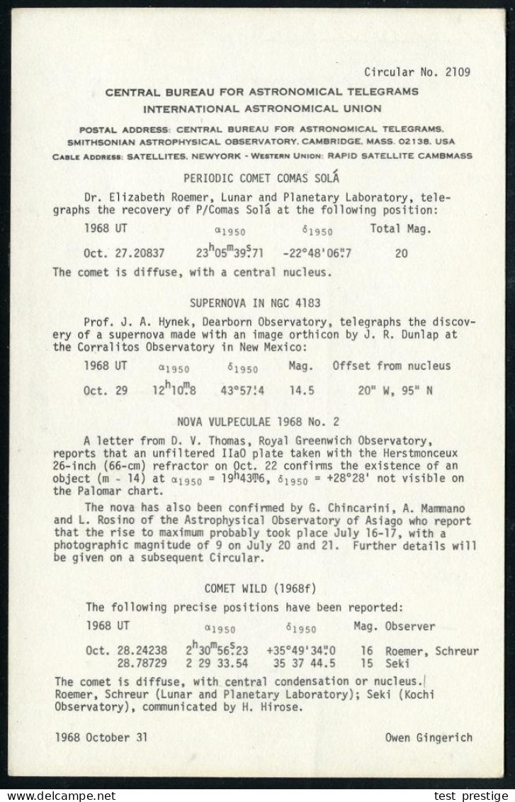 U.S.A. 1968 (1.11.) AFS: CAMBRIDGE/MASS./P.B. METER/390282 = Smithonian Observatory Auf Vordruck-Kt.: "INTERNAT. ASTRONO - Astronomy