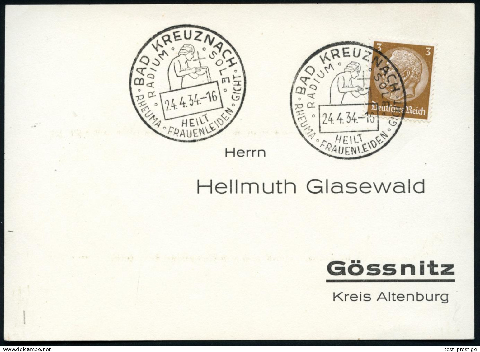 BAD KREUZNACH/ RADIUM SOLE/ HEILT/ RHEUMA-FRAUENLEIDEN-GICHT 1934 (24.4.) HWSt (Frau Mit Kreuz-Schale = Strahlensymbol)  - Atom