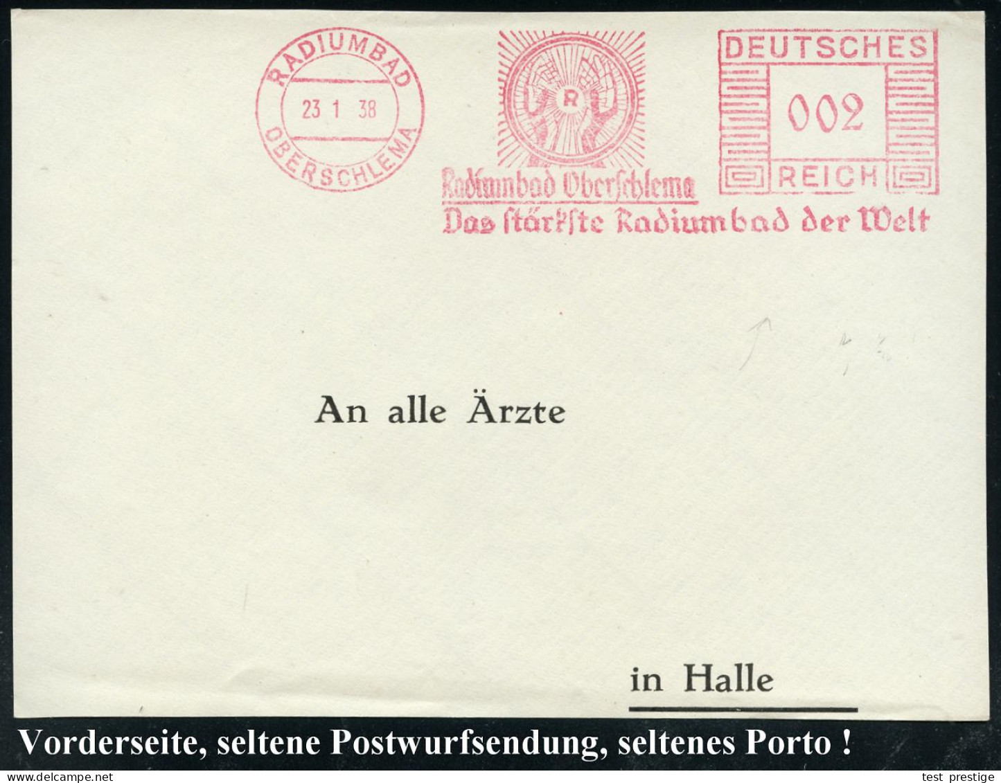 OBERSCHLEMA RADIUMBAD/ Das Stärkste Radiumbad Der Welt 1938 (23.1.) Seltener AFS-Typ Francotyp "Mäanderrechteck" 002 Pf. - Atom