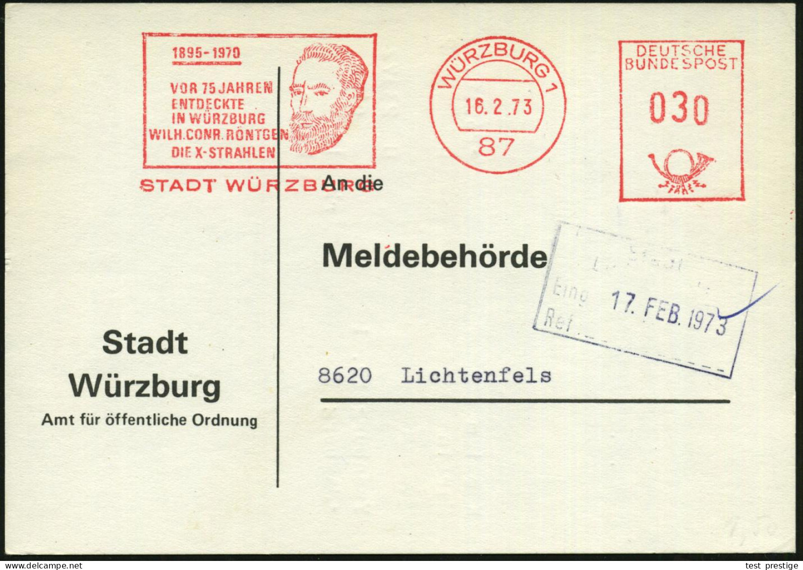 87 WÜRZBURG 1/ 1895-1970/ VOR 75 JAHREN/ ENTDECKTE../ WILH.CONR.RÖNTGEN/ DIE X-STRAHLEN.. 1973 (16.2.) Jubil.-AFS = Kopf - Atom