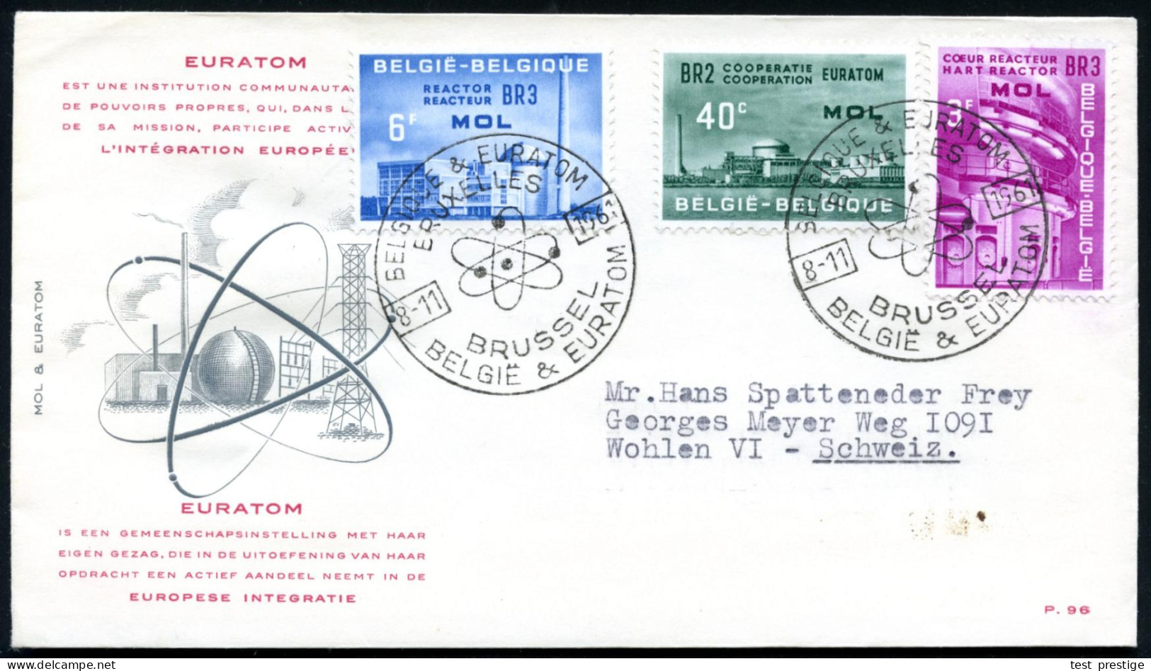 BELGIEN 1961 (8.11.) Reaktor "BR3 MOL", Kompl.Satz , 2x ET-SSt.: BRUXELLES.. EURATOM.., Bedarfs-FDC-SU.  (Mi.1255/57) -  - Atomenergie